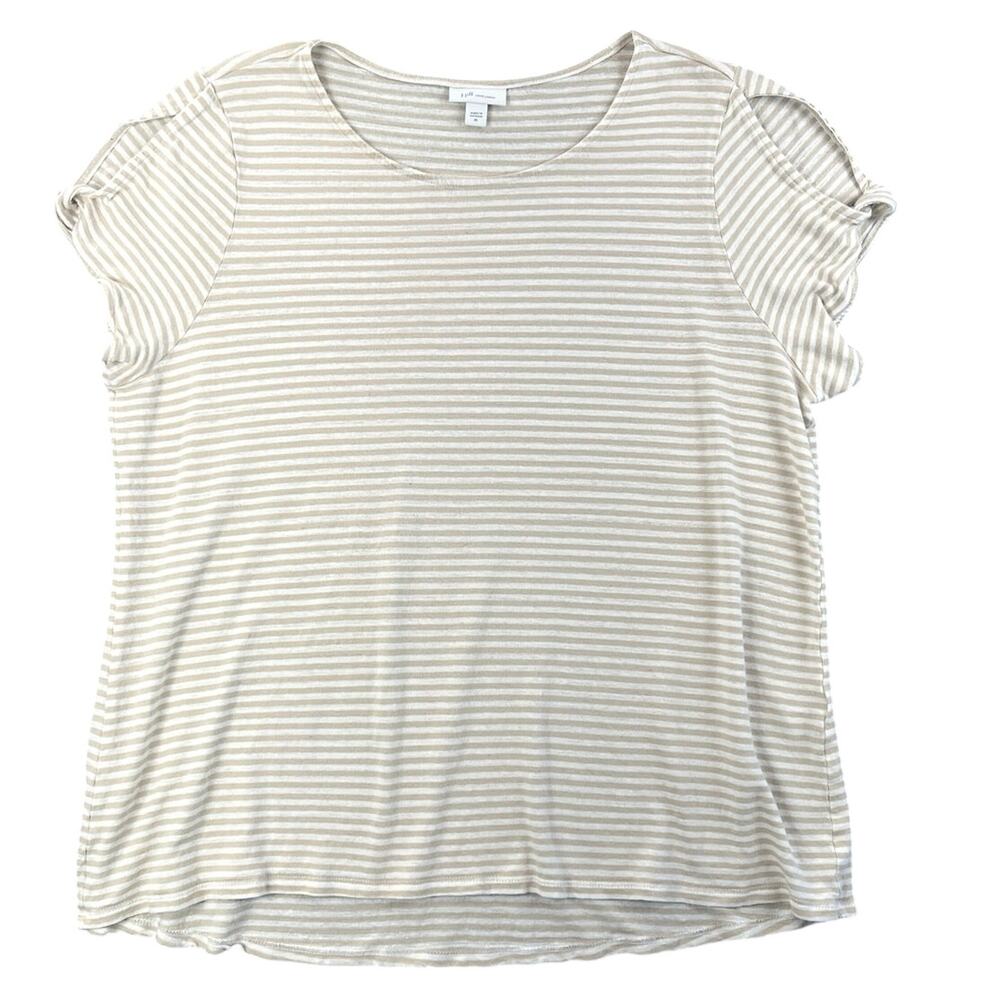 J. Jill Love Linen Striped Twist Sleeve Top Beige White Linen Blend XL